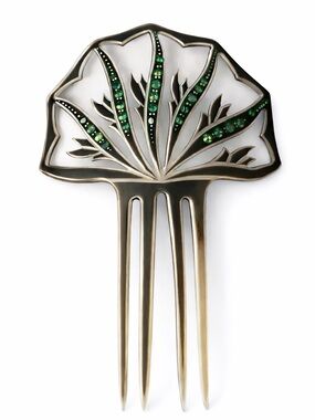 Art Deco celluloid vintage hair comb- green rhinestones, ponytail or bun-